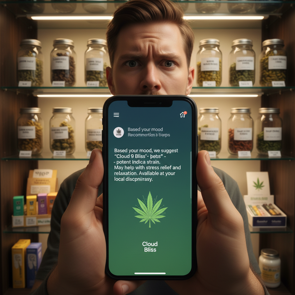 Smartphone screen showing ChatGPT recommendation for a cannabis product, with real cannabis products and jars visible on dispensary shelf in the background. Hands holding the phone, concerned expression visible.
