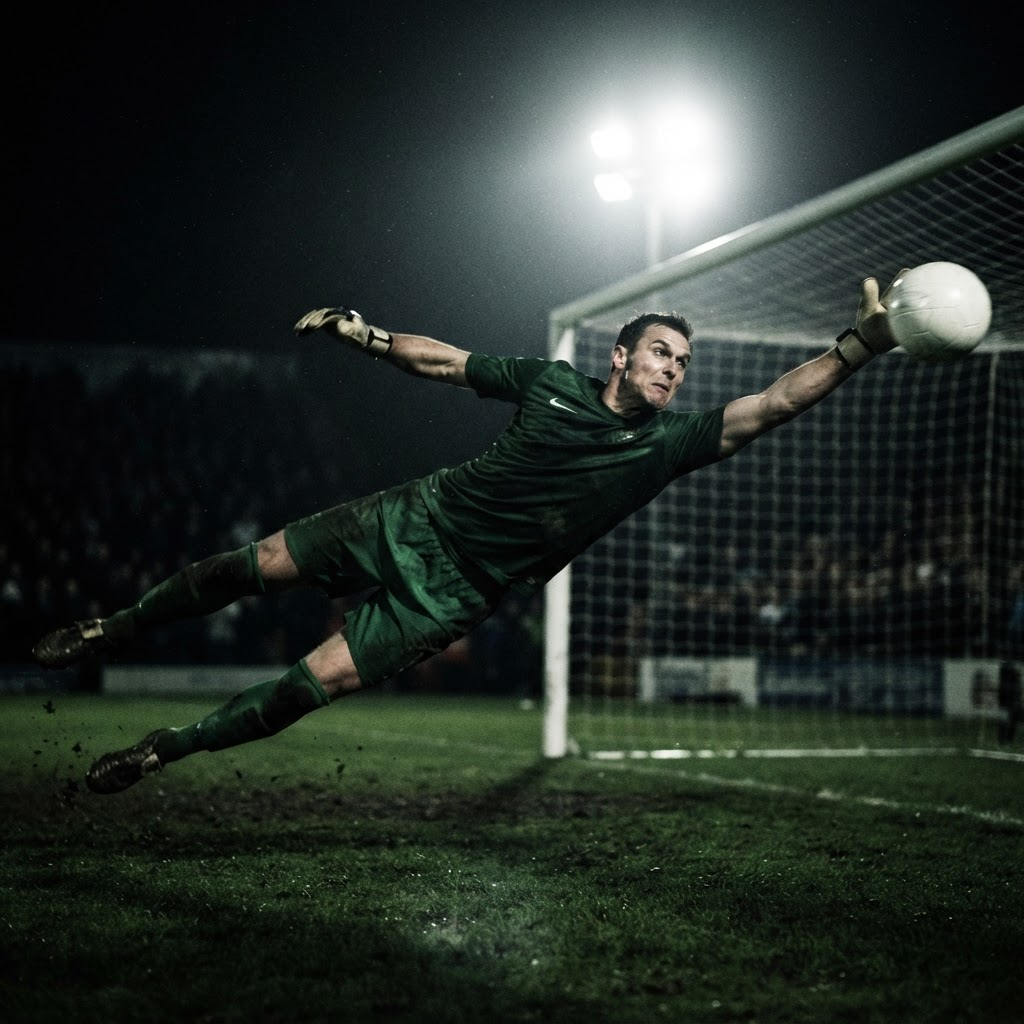 Goalkeeper making a fingertip save