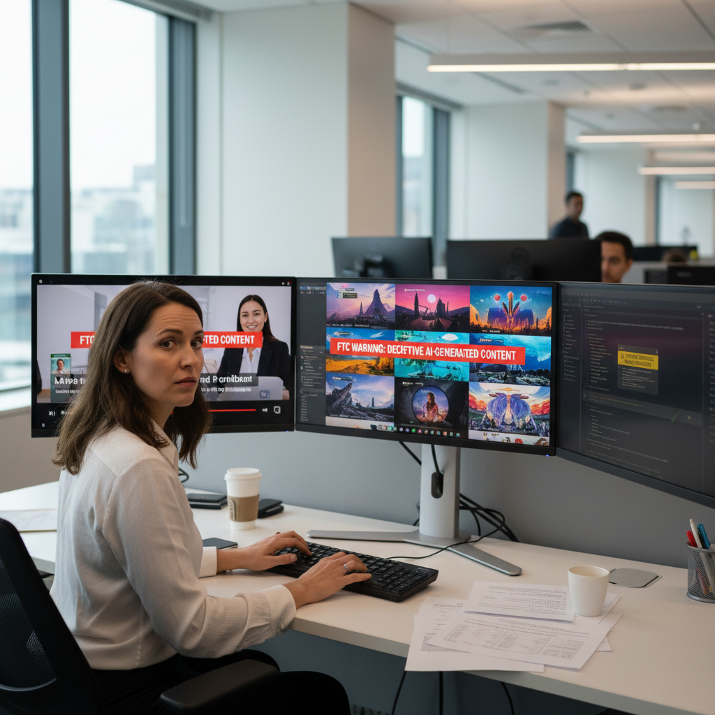 A compliance officer reviewing multiple screens displaying AI-generated UGC content with FTC warnings visible