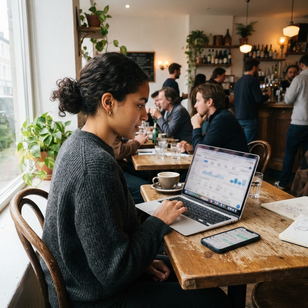 A candid marketing operator reviewing an AI campaign beside a phone in a coffee shop