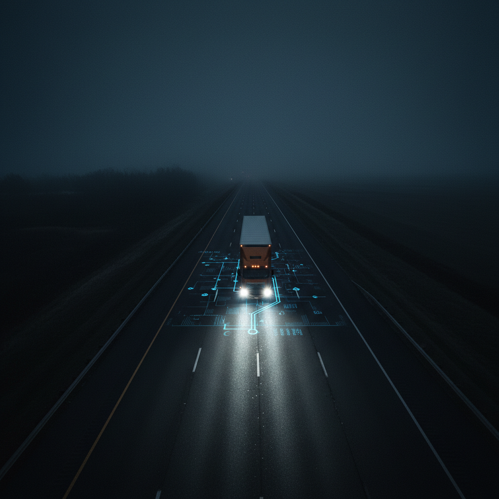 AI-powered freight truck on highway at night with data visualization overlay