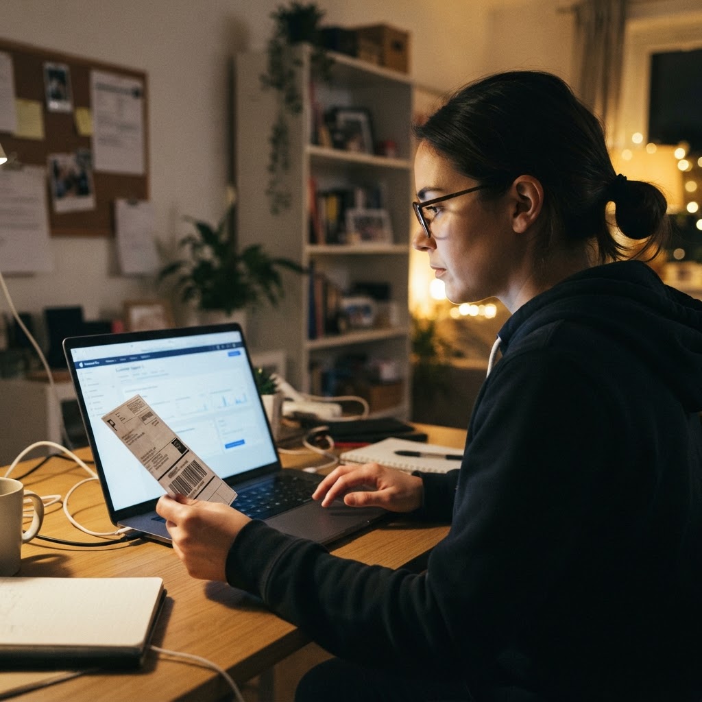 A customer support agent replies to a delivery issue from a real home office