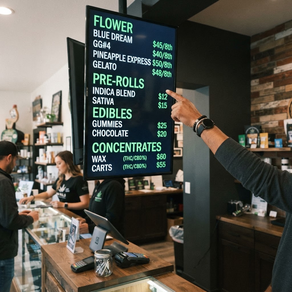 Candid photo of a customer looking at a dispensary digital menu board