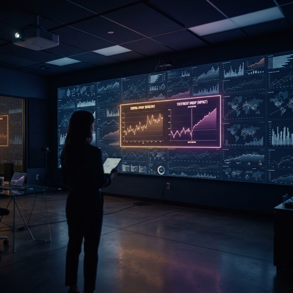 A dark cinematic wall of marketing charts with one highlighted treatment and control group