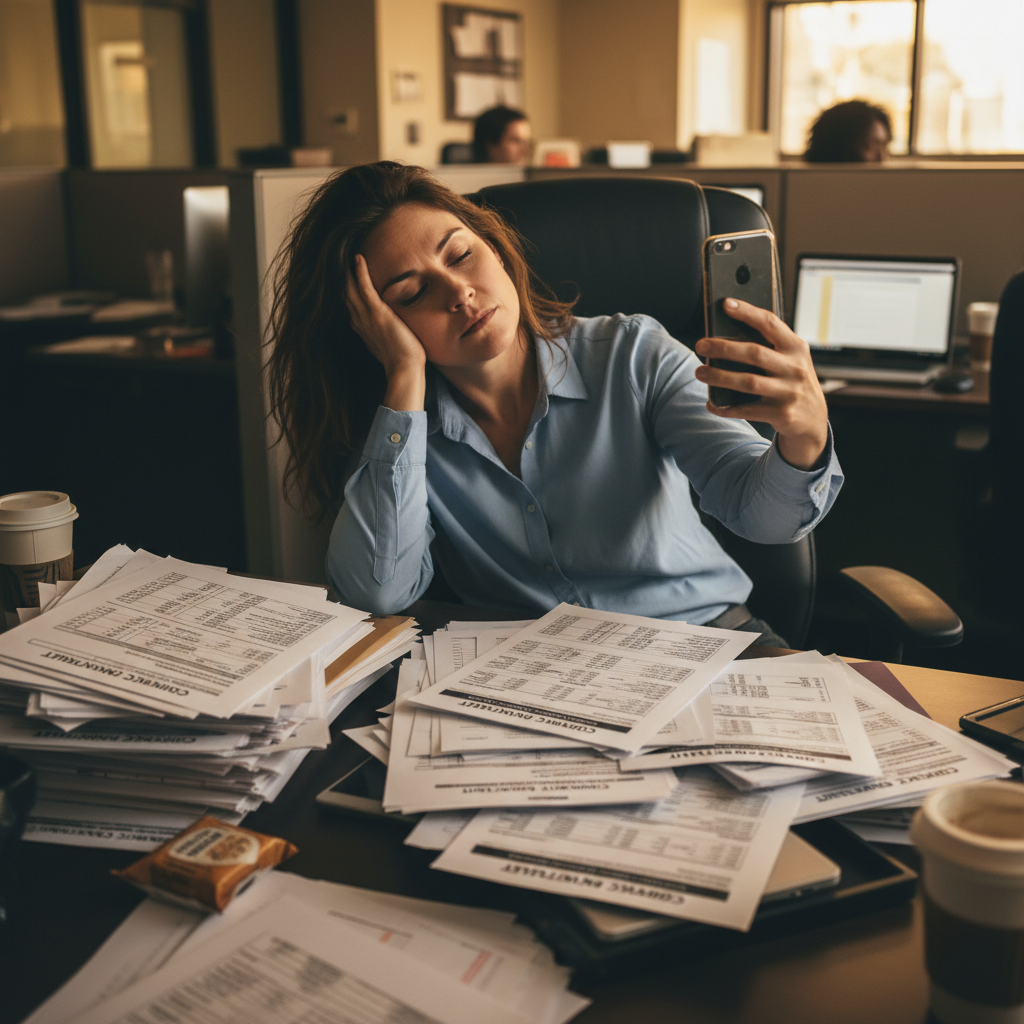 A compliance officer exhausted at their desk, surrounded by AI disclosure checkbox forms and liability notes