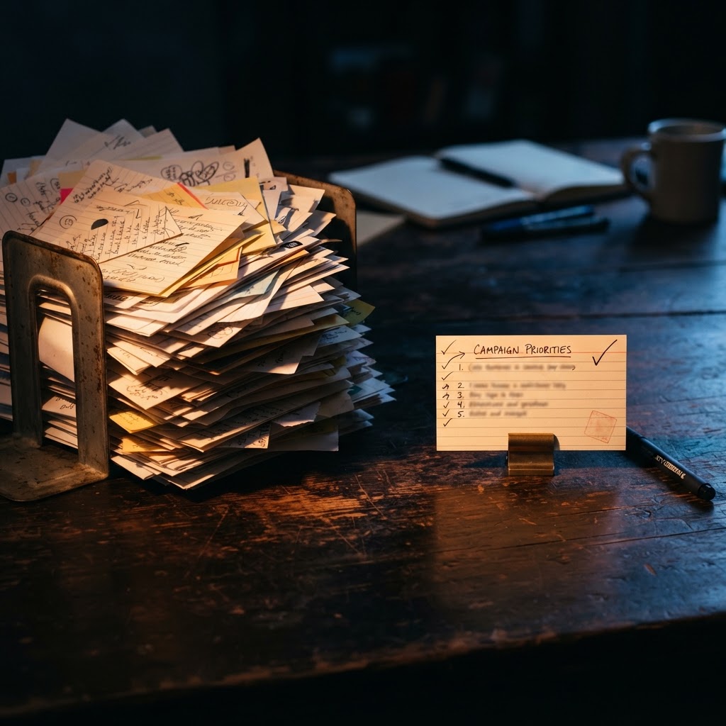 A messy stack of campaign requests reduced to one clean prioritized card