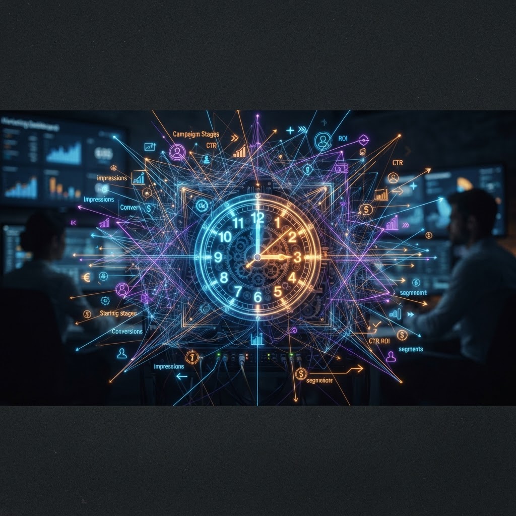 A glowing clock sits inside a web of campaign and customer signals