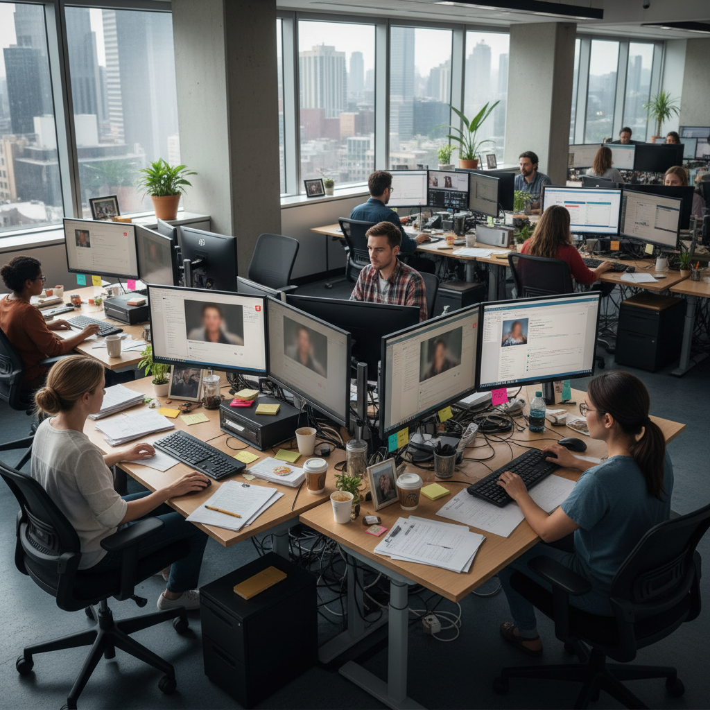 Team reviewing user submissions at desks with multiple monitors in daylight