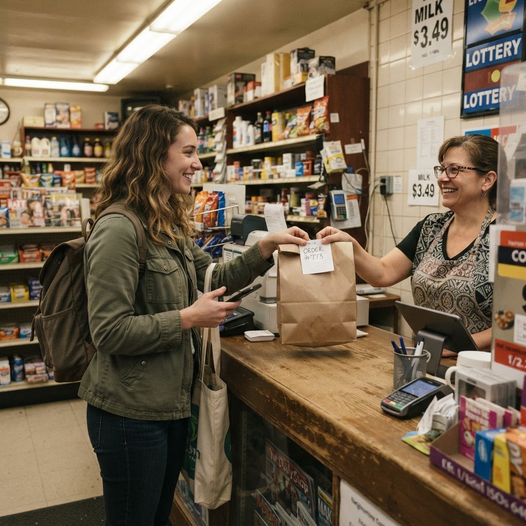 The handoff is part of the brand, even when the logo isn't in the frame. A candid phone photo of a shopper collecting an online order at a neighborhood store counter.