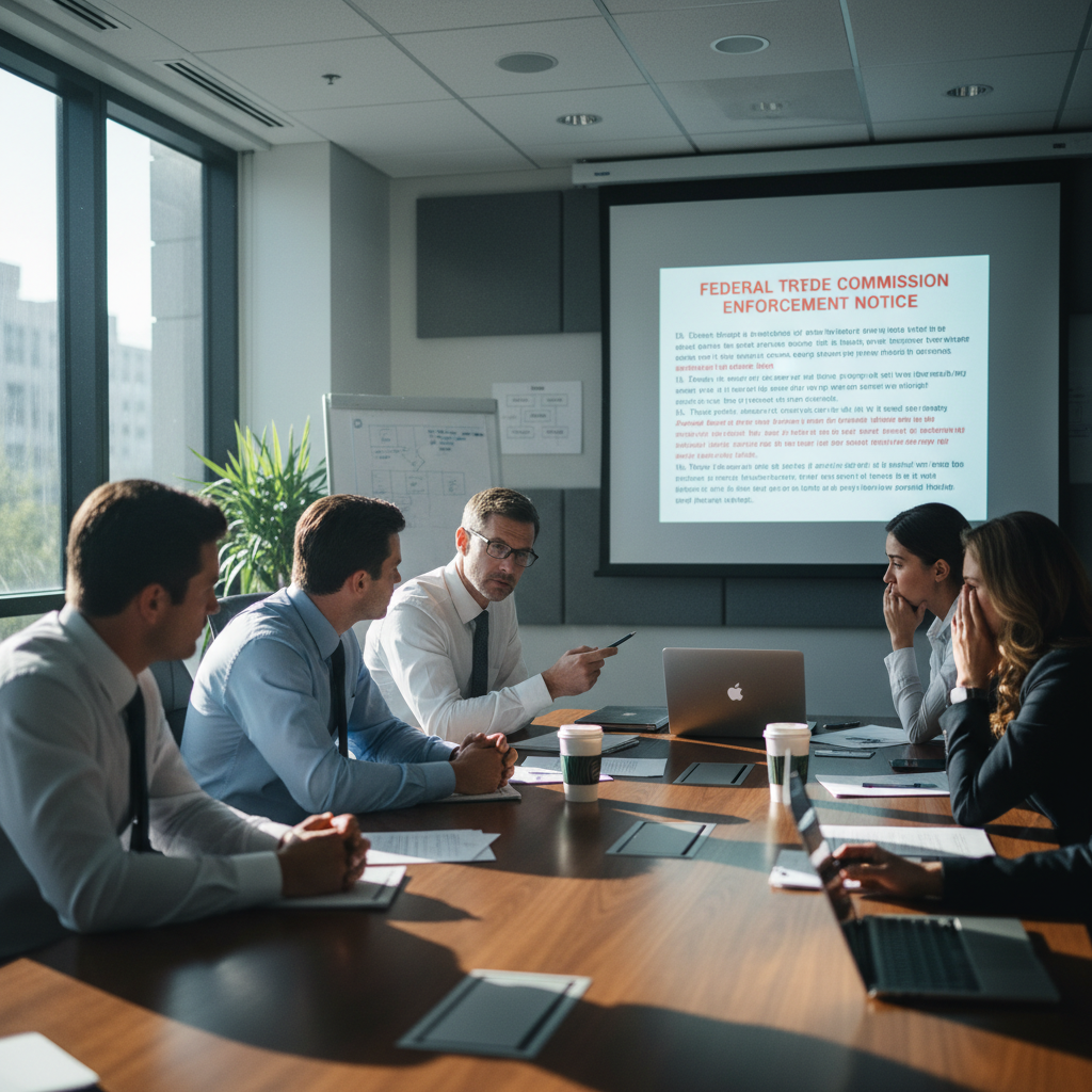 Regulated brand compliance team reviewing FTC enforcement notices in conference room