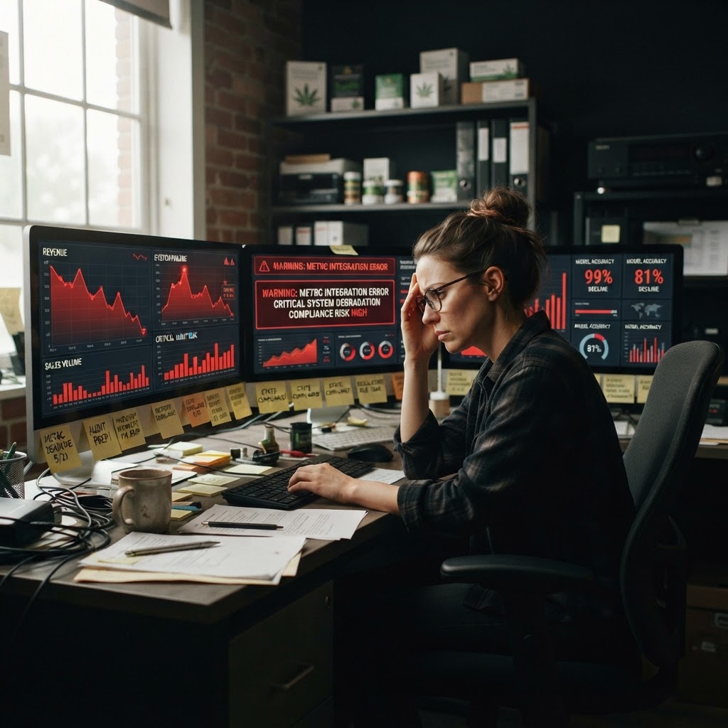 Cannabis dispensary operator monitoring declining AI model performance on multiple screens, showing red warning trends and regulatory compliance indicators