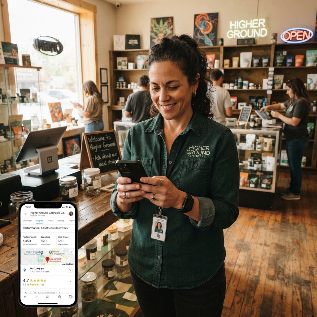 Dispensary owner checking Google Business Profile analytics on phone