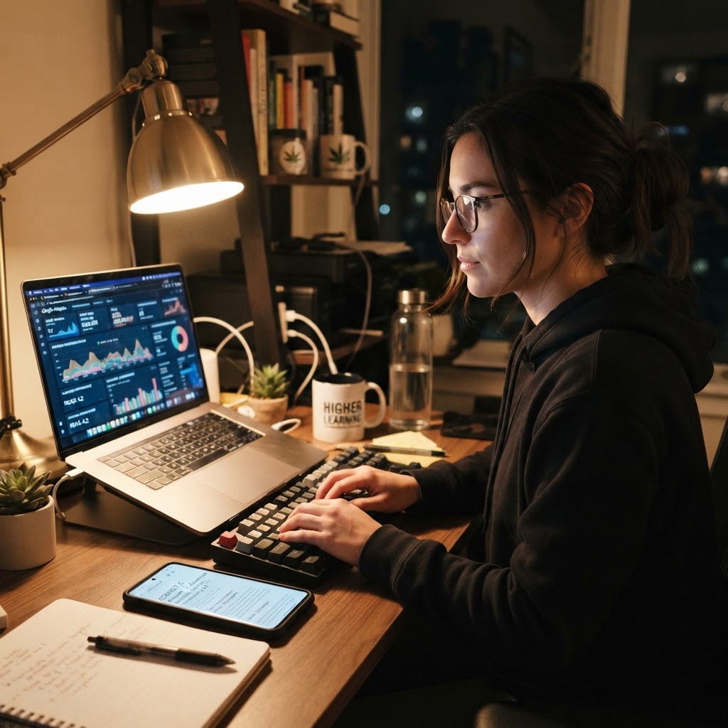 Cannabis marketer working at desk with attribution dashboard