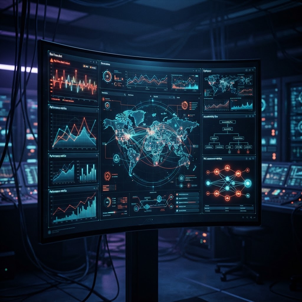 The infrastructure most teams skip: governance and real-time monitoring. Governance monitoring dashboard with real-time alerts and accountability metrics on dark screens