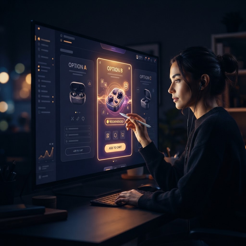 A shopper choosing between clear product paths in a focused ecommerce experience