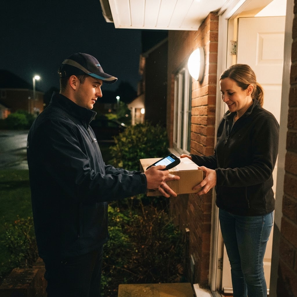 Night delivery handoff at a residential doorway