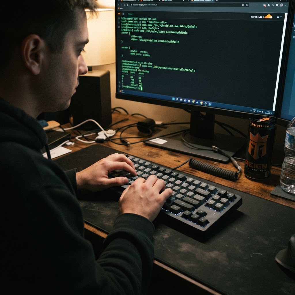 The infrastructure layer is choosing sides. Cloudflare hosts 20% of the web. Close-up of developer hands on keyboard configuring firewall settings