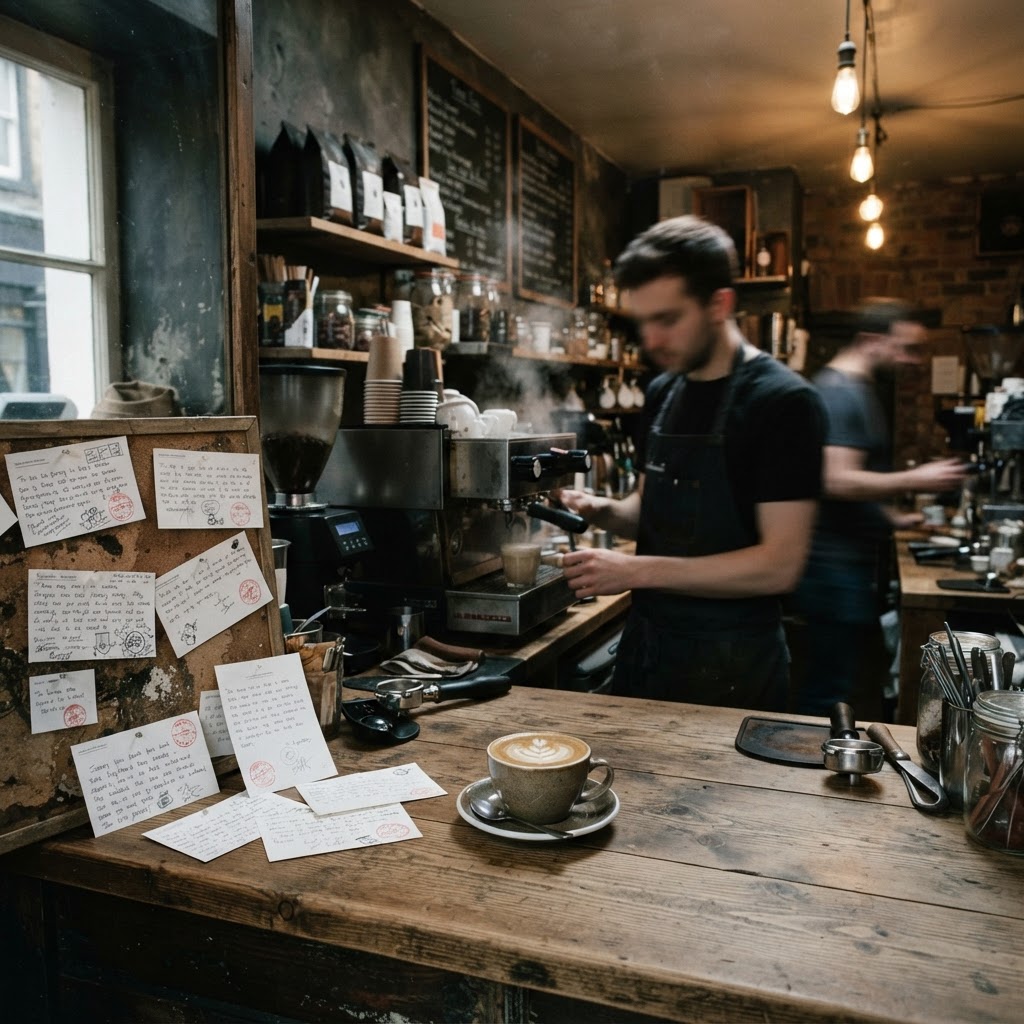 Candid review cards beside a product in a real small business environment