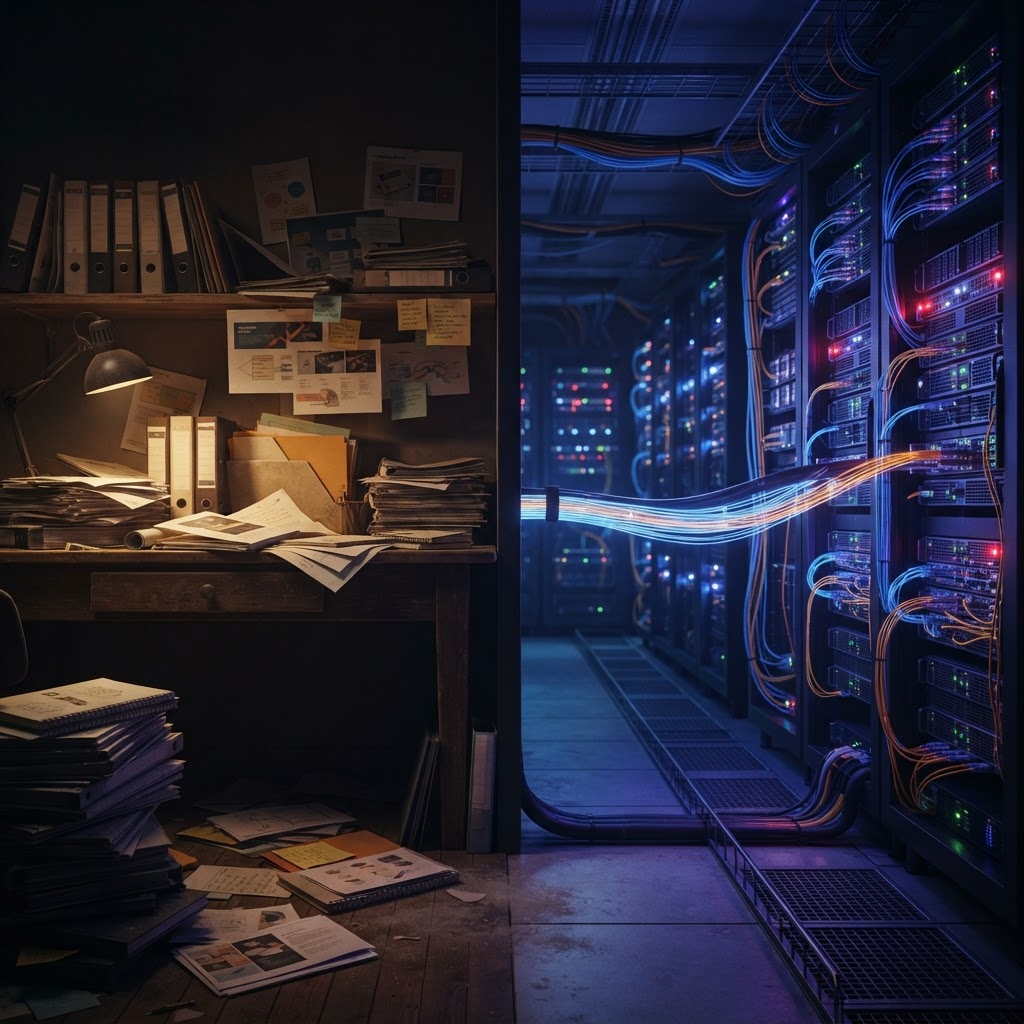 Marketing materials on the left, the machines that replaced them on the right Split scene showing abandoned marketing materials next to glowing server racks