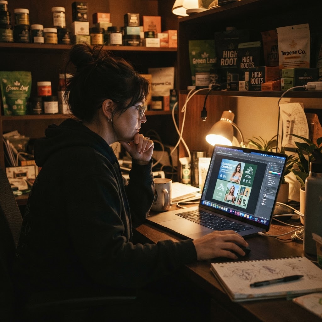 Cannabis marketing team reviewing ad creative for AI disclosure compliance