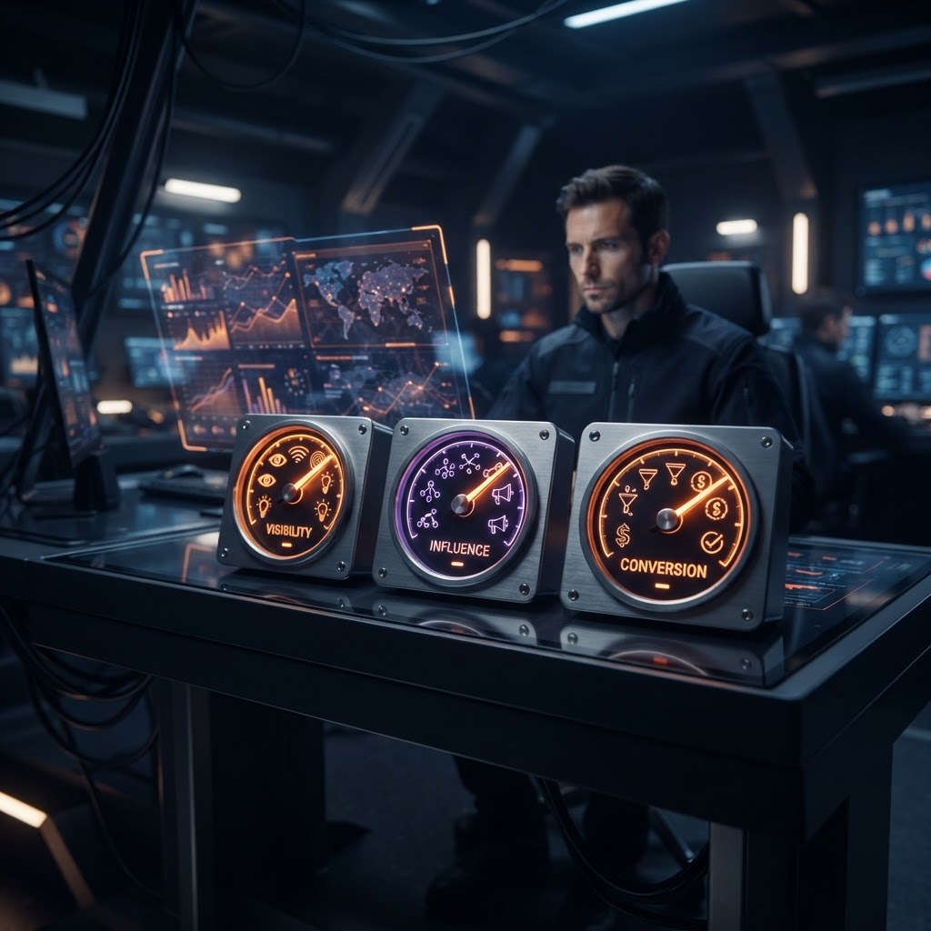 Three illuminated gauges represent visibility, influence, and conversion in a dark marketing control room.