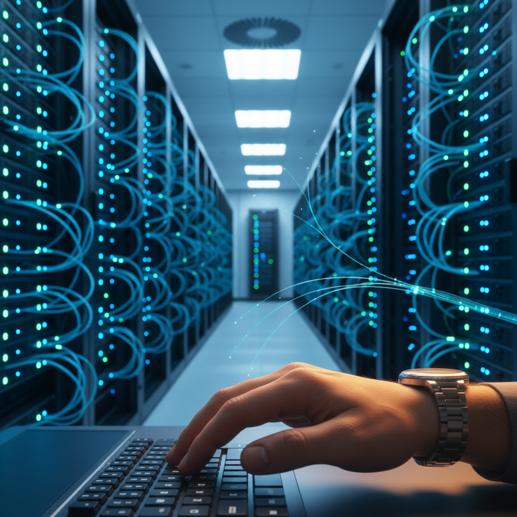 Data center server room with blue lights and fiber optic cables