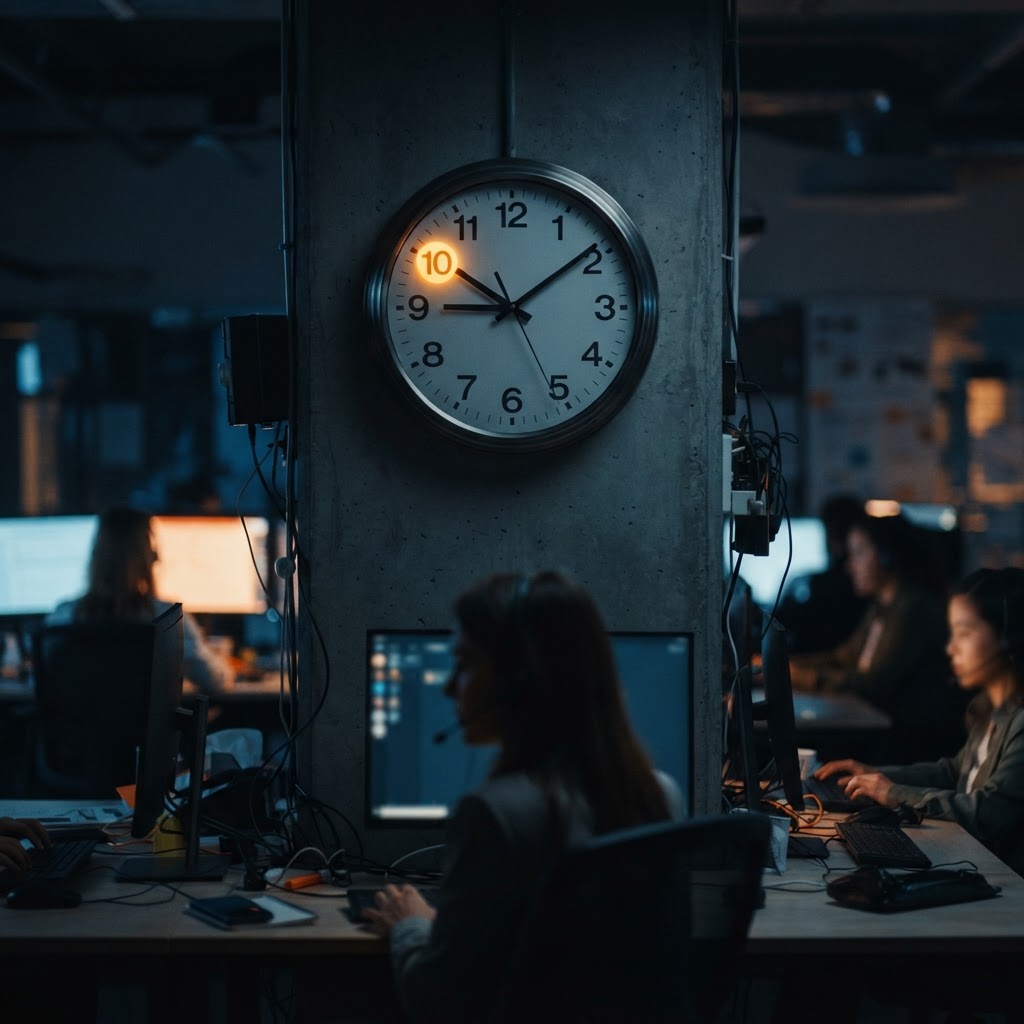 A wall clock beside a glowing notification light in a real customer service workspace