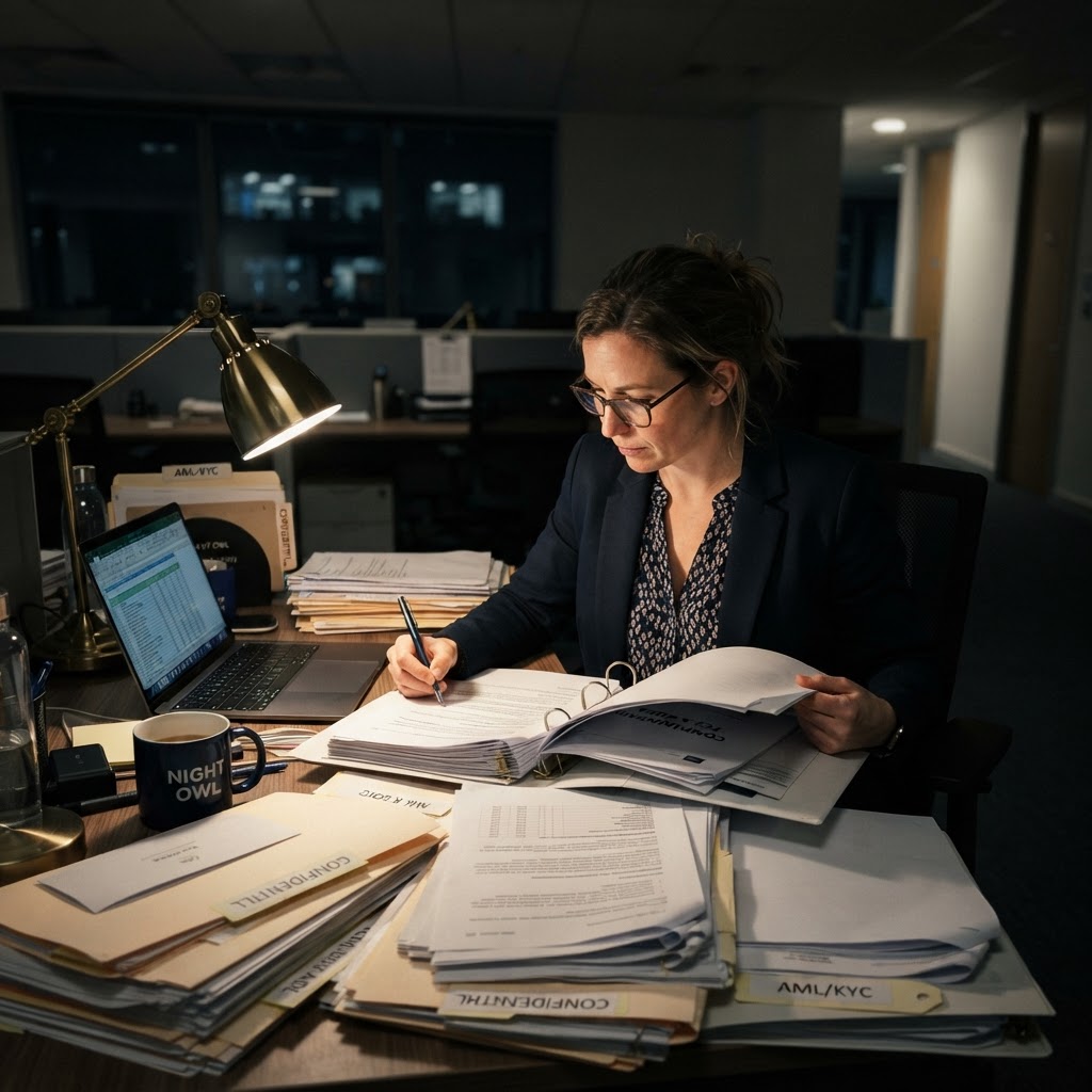 A compliance officer reviewing regulatory documents late at night