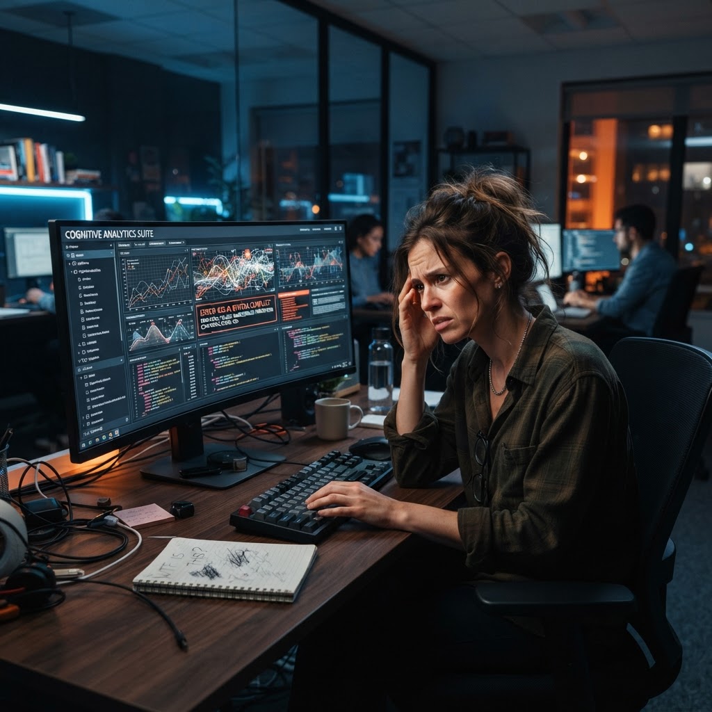 The friction hits fast. Demos work in controlled moments. Real workflows expose all the gaps. Frustrated operator looking at confusing AI interface
