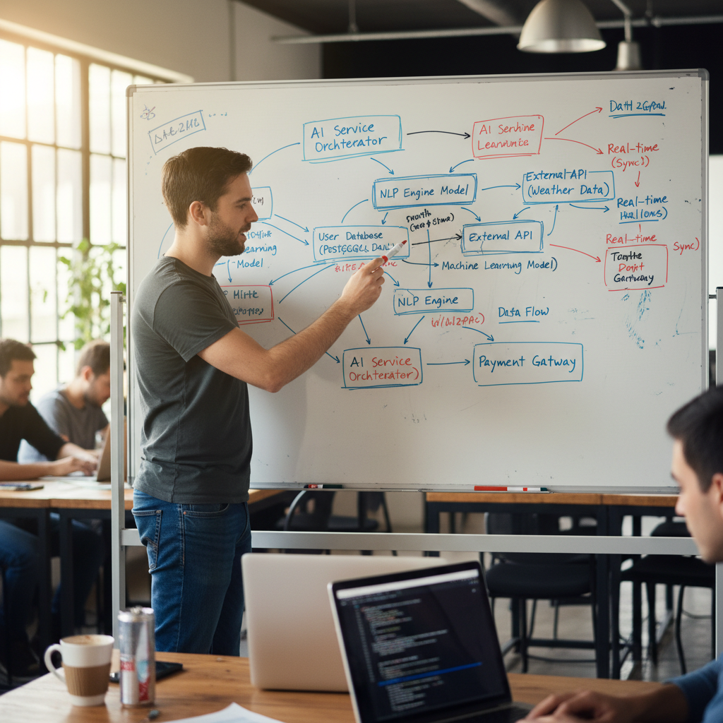 Developer drawing API connection architecture on whiteboard for AI integration
