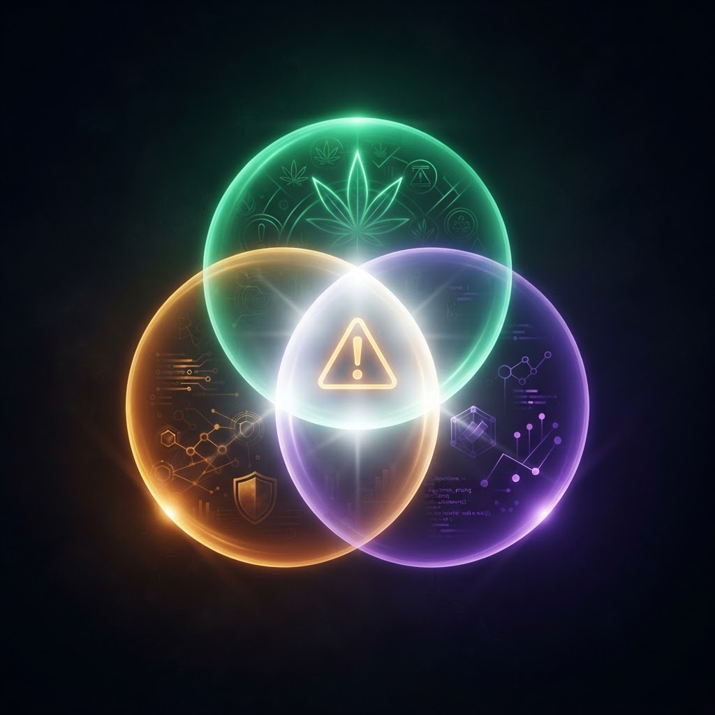 Dark Venn diagram showing cannabis, privacy, and pricing law overlap