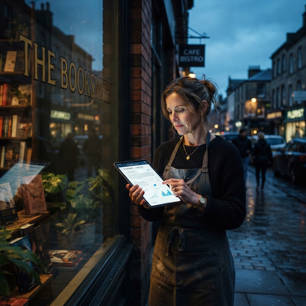 A neighborhood business owner checking an AI search result on a tablet near a storefront