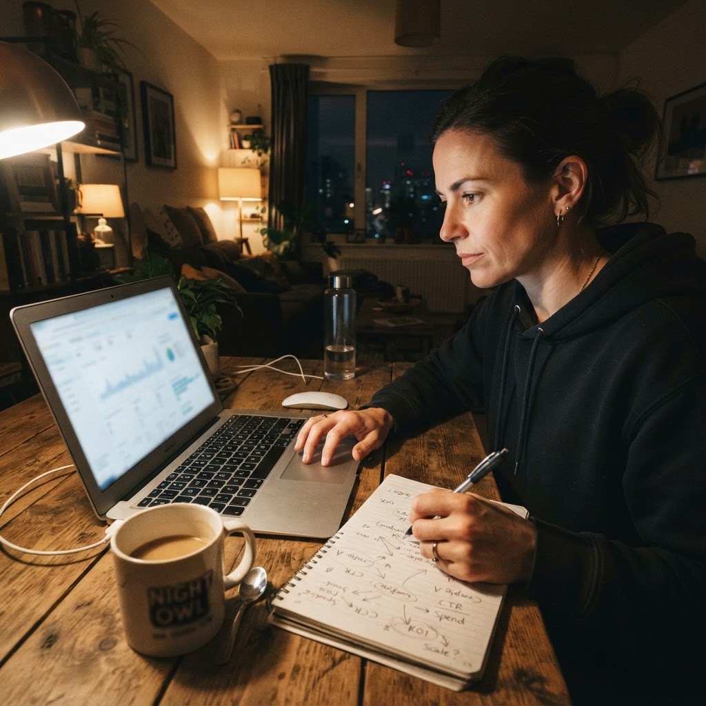 A marketer reviews campaign performance at home late at night, with handwritten notes beside a laptop
