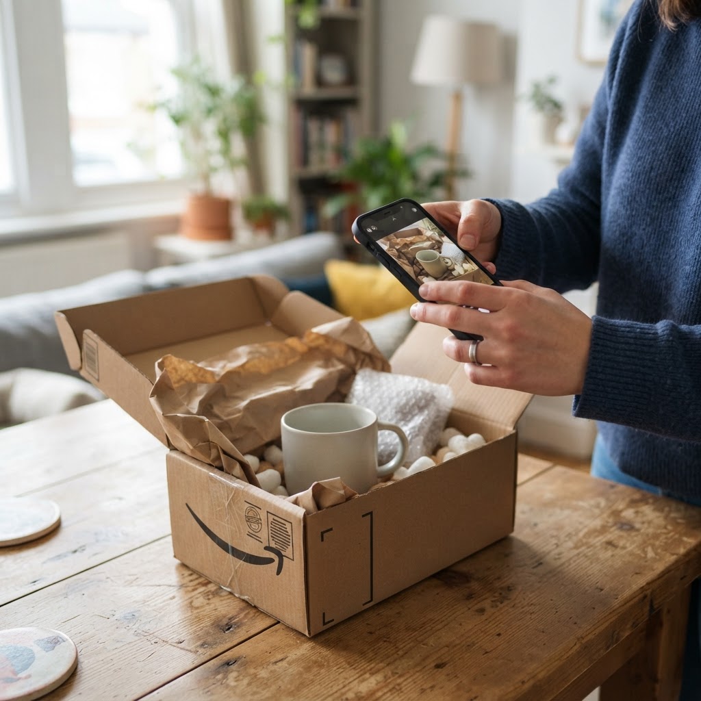A customer photographs a delivered order at home in a candid phone-camera moment