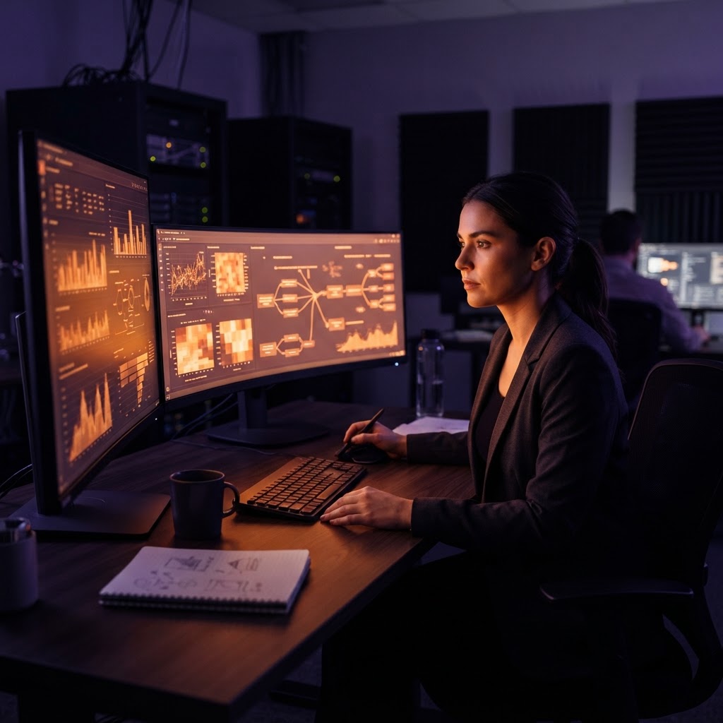 A marketer reviewing ambiguous AI ad attribution across abstract monitors