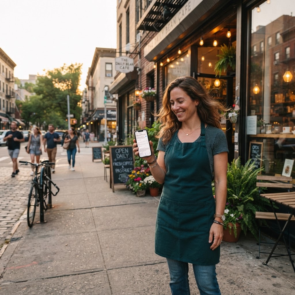 A small business owner checking an AI search result outside a neighborhood storefront