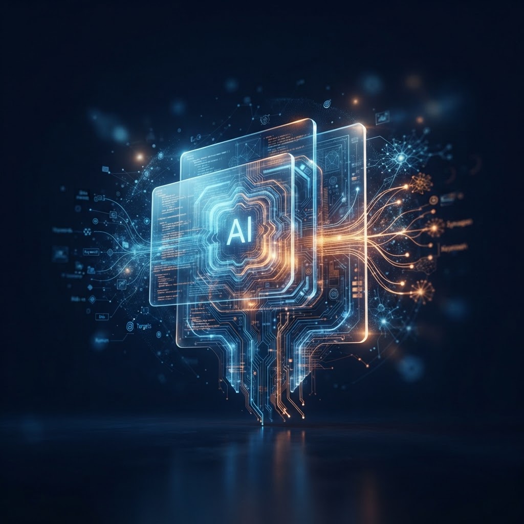 A glowing conversational AI interface surrounded by advertising signals and human decision pathways