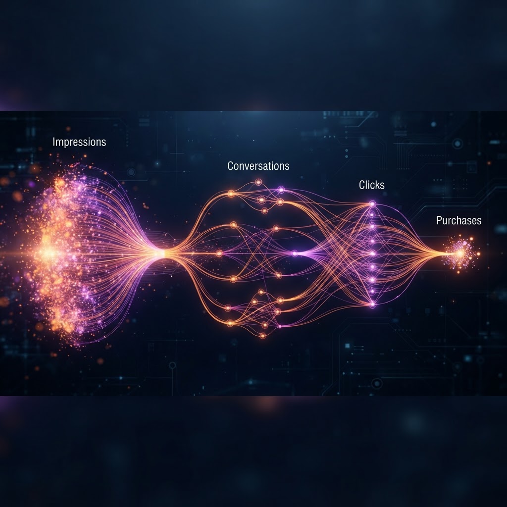 An AI advertising funnel splitting into branching paths