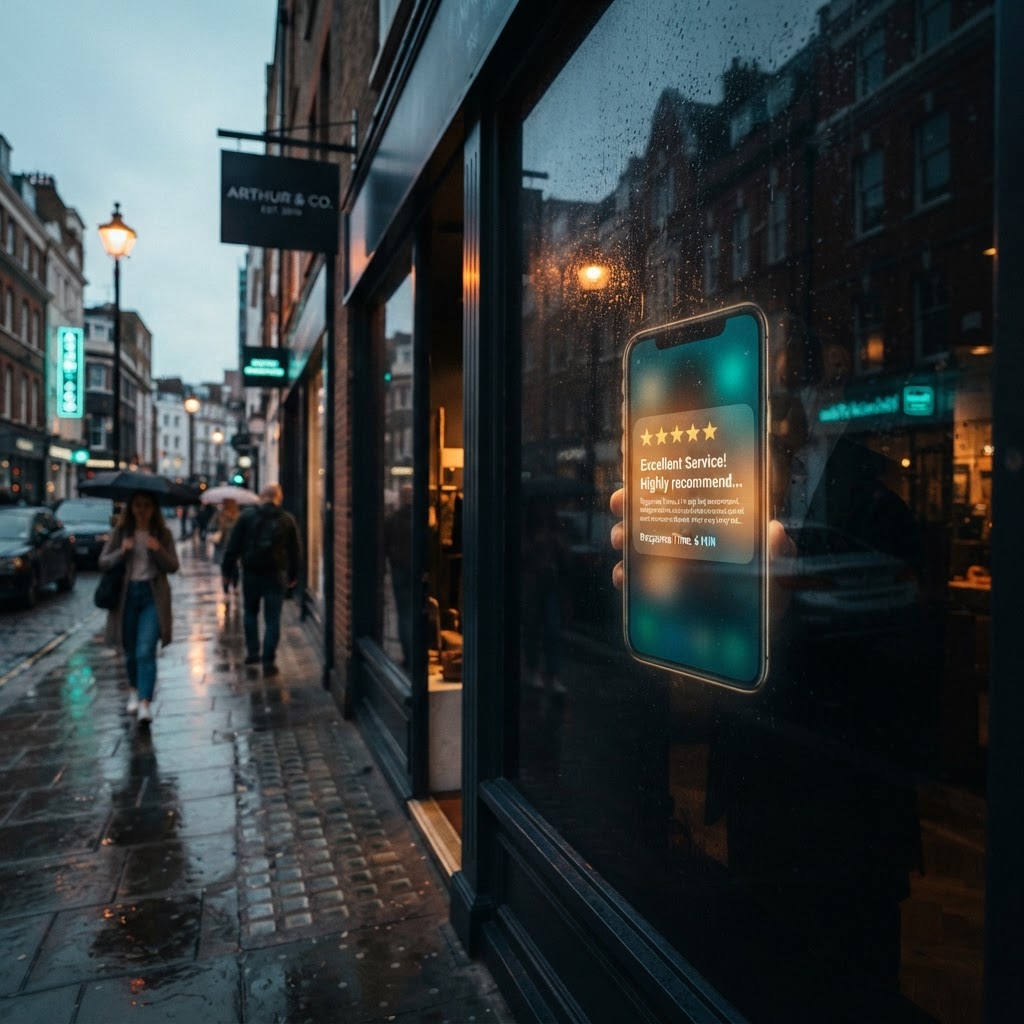 A glowing review notification reflected in a storefront window at dusk