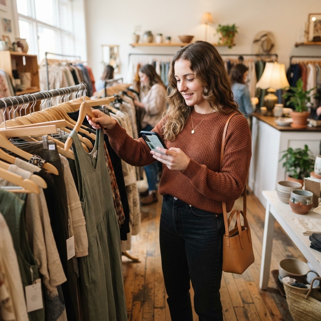 A candid shopper in a boutique using a phone to find a product by size and color