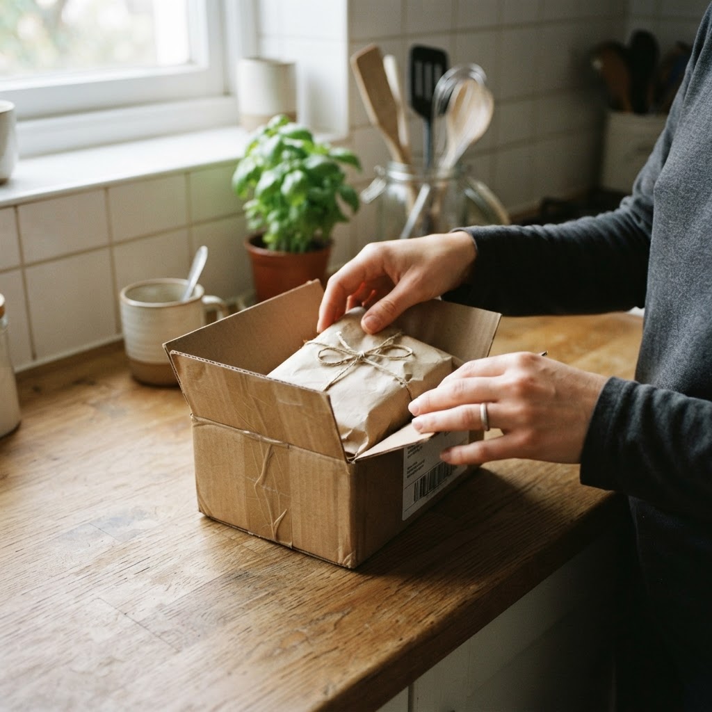 A customer unboxes an ecommerce order on a kitchen counter