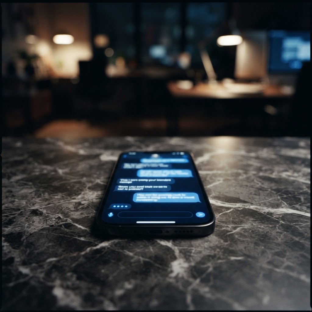 A smartphone on a dark marble table showing a glowing AI assistant interface, representing the new track where brands must be visible