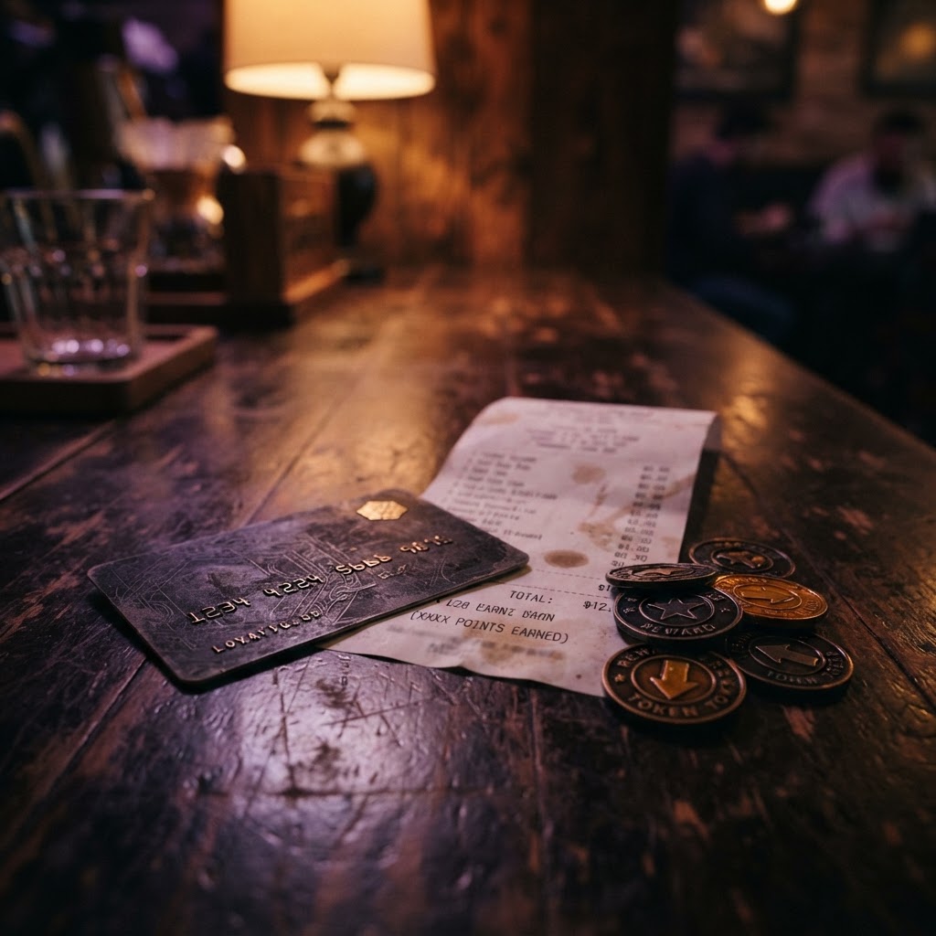 A loyalty card, receipt, and reward tokens arranged on a dark tabletop