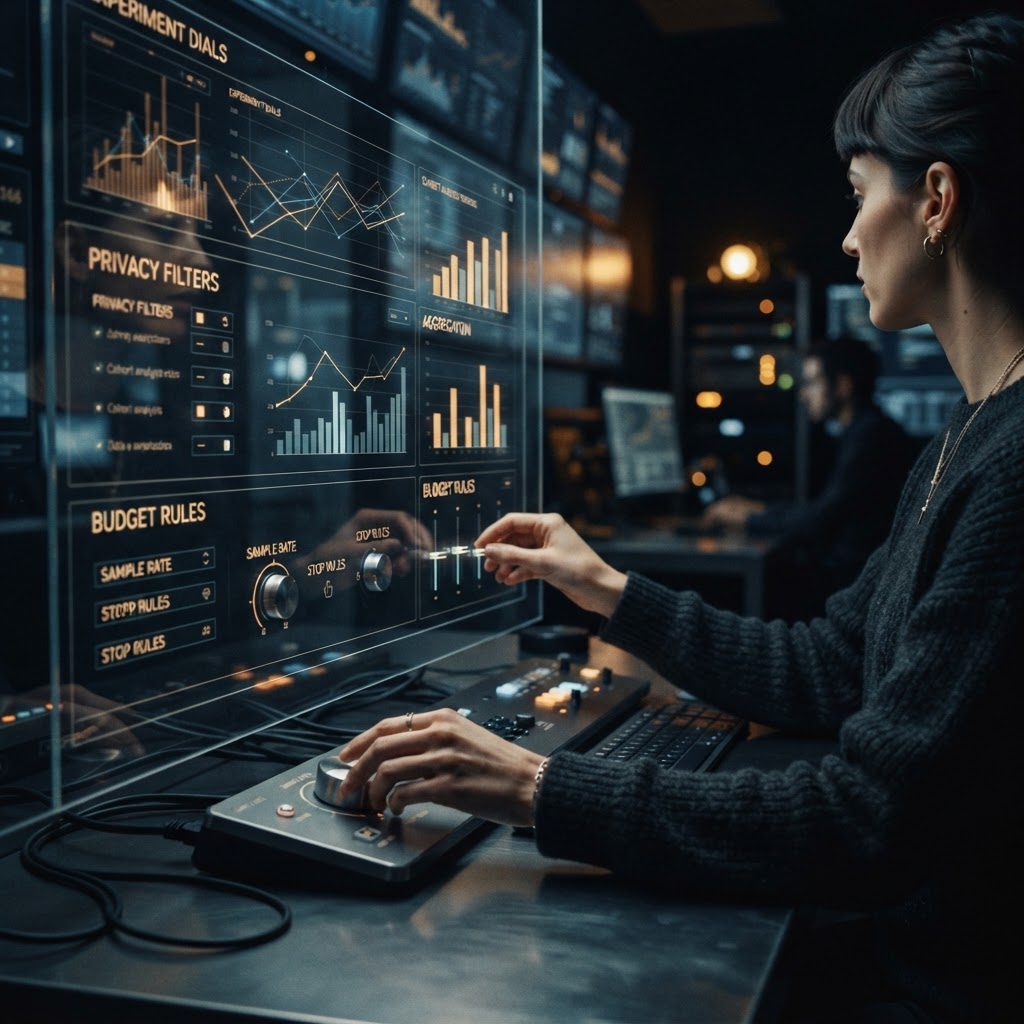 A dark measurement control room with aggregate charts and stop-rule dials, without personal data
