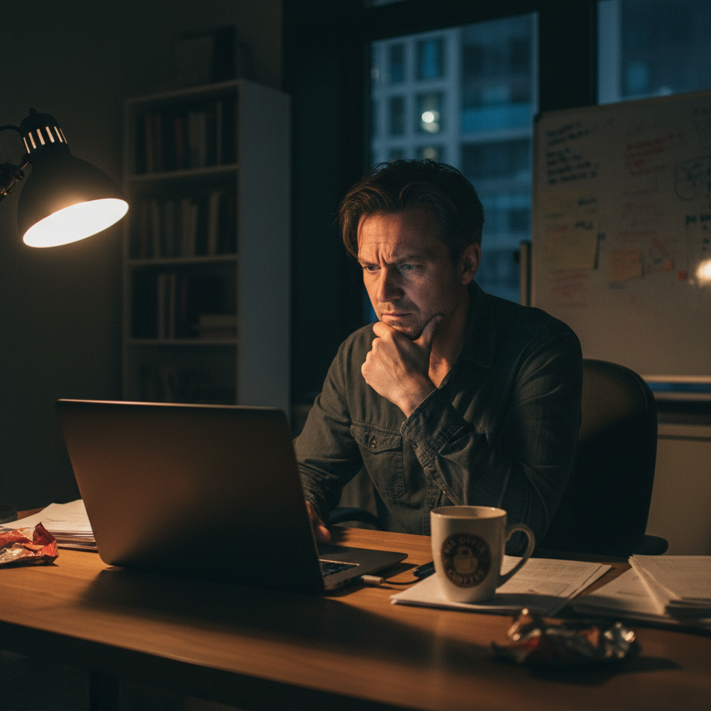 Phone camera capture of a developer looking at their laptop screen with visible concern. Authentic candid workplace photo. Soft lighting, shallow depth of field.