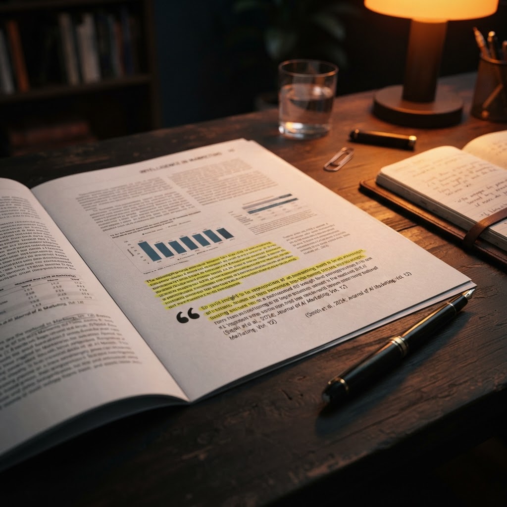 A research desk with highlighted statistics, quotes, and source citations under focused orange light.