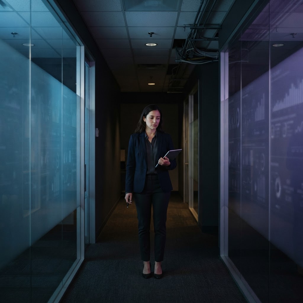 Attribution gets harder when the ad appears inside the decision process. A marketer standing between two dimly lit paths with data reflections on glass