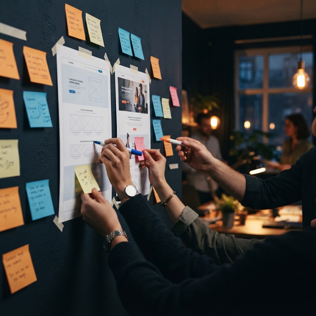 The best creative test often starts with the handoff, not the headline. Two hands testing landing page options on a wall in a small agency room