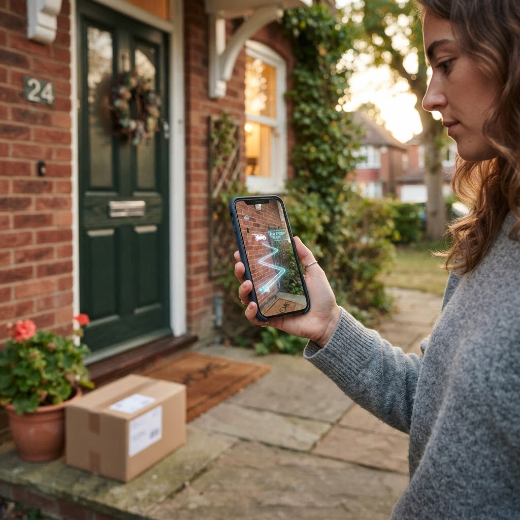 A customer holds a phone showing delivery progress beside a package at the front door