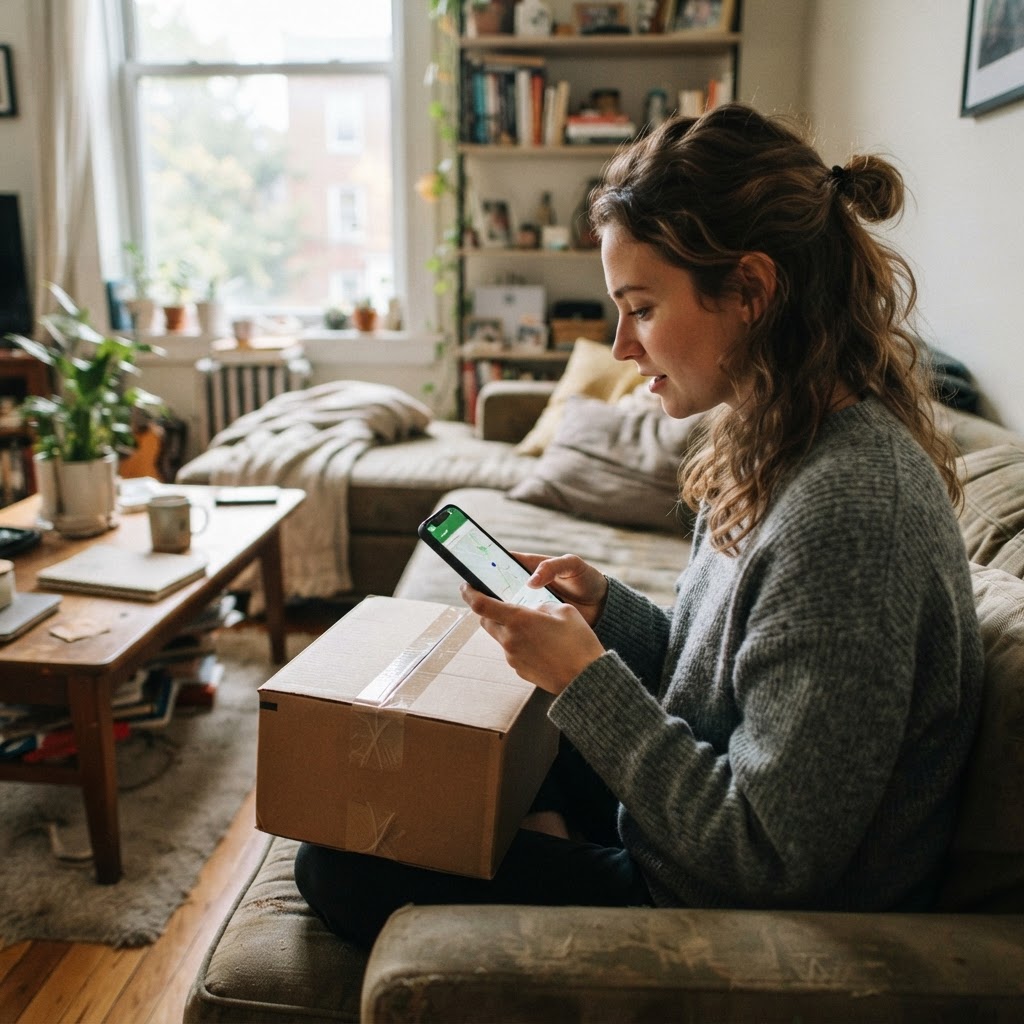 Customers do not experience shipping metrics. They experience the moment they check the door, the app, or the support inbox. A candid phone photo of a shopper checking delivery tracking beside a package at home